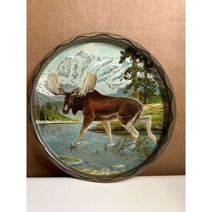 James L Artig “Moose” Aluminum Tin Tray Vintage 1960s Lithograph 11” Diameter